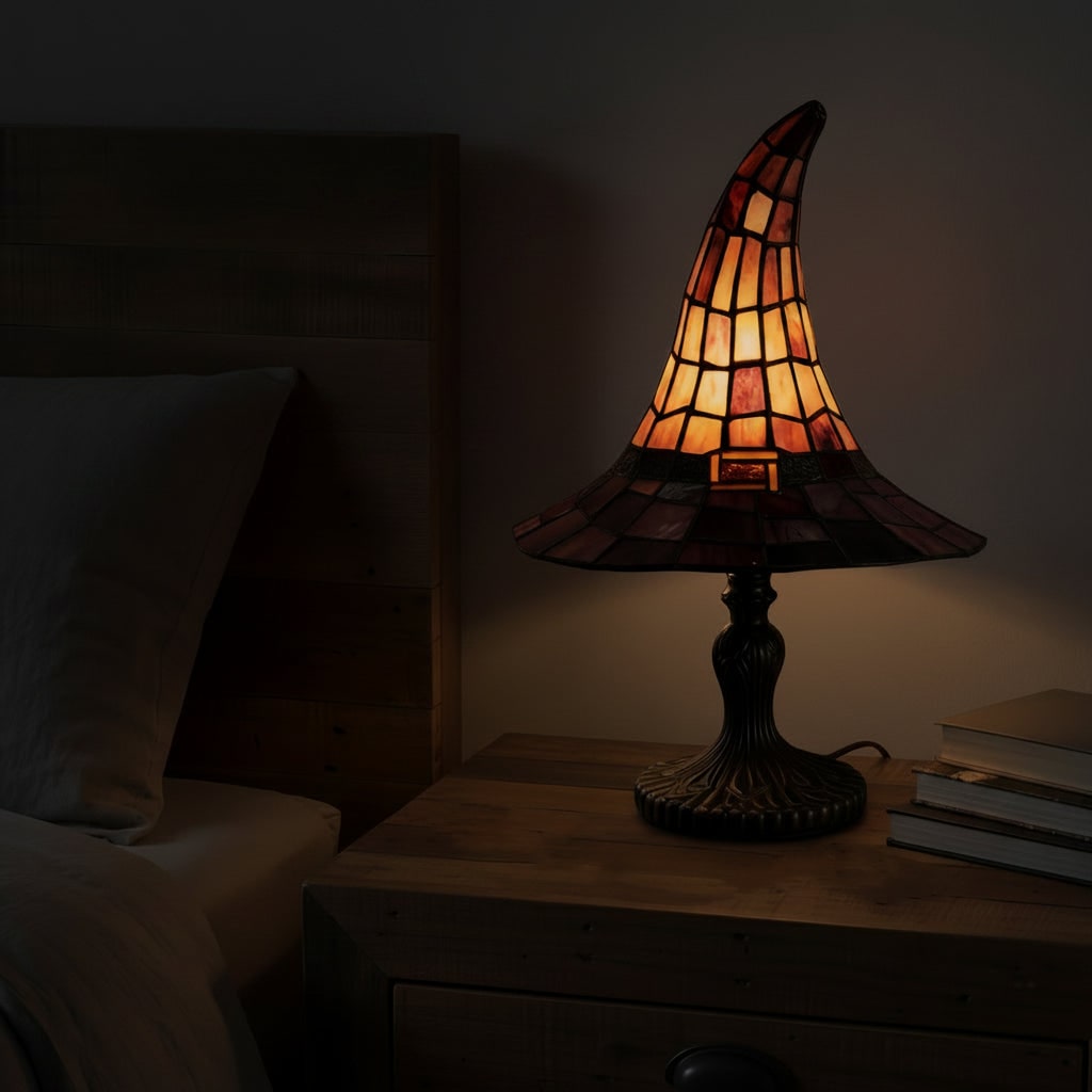 Halloween Stained Glass Table Lamp with Witch Hat Design and Tiffany Style Lampshade