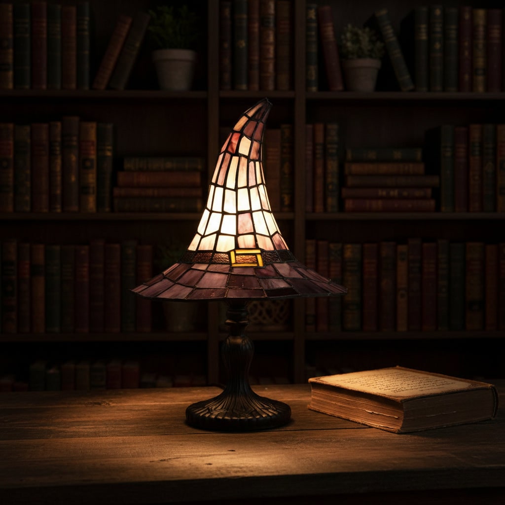 Halloween Stained Glass Table Lamp with Witch Hat Design and Tiffany Style Lampshade