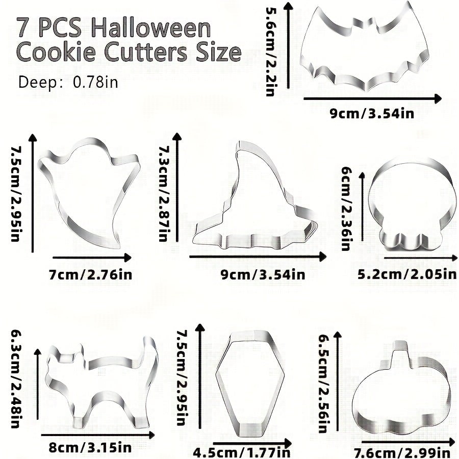 Halloween Stainless Steel Cookie Cutters Set with 7 Shapes Including Bat Ghost Pumpkin and Skull