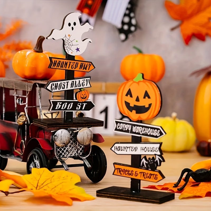 Halloween Table Decoration with Directional Sign for Dining Room and Entryway Tabletop Decor