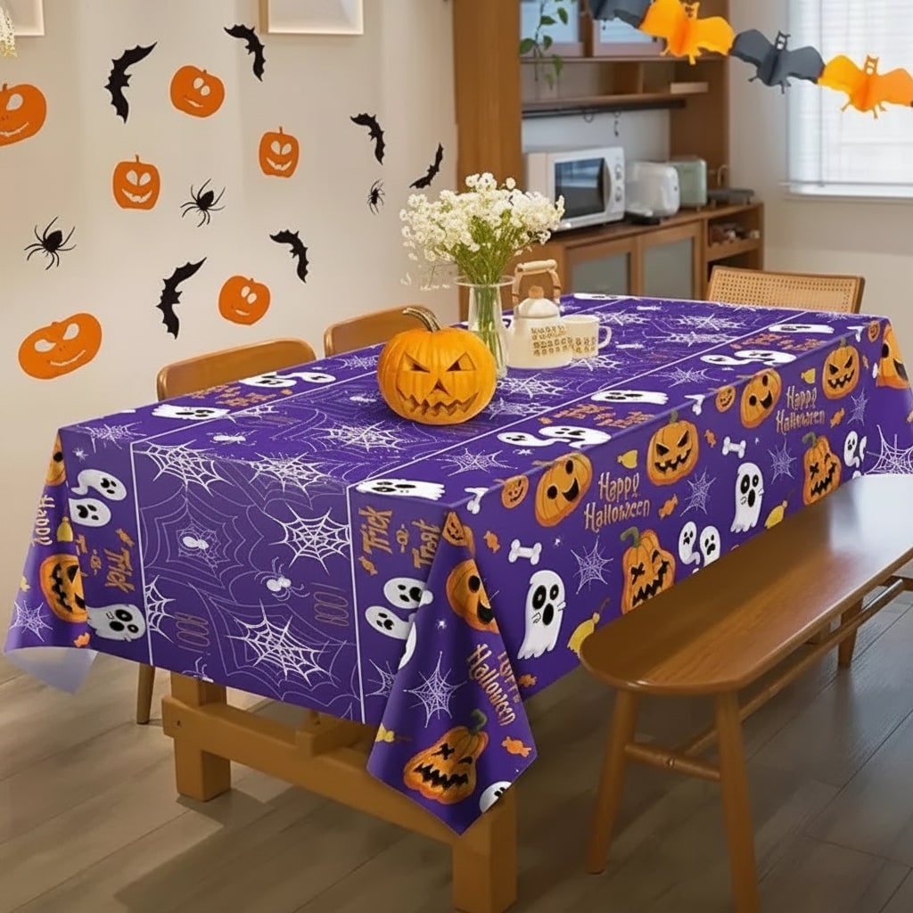 Halloween Tablecloth Disposable Plastic Table Cover with Pumpkin Ghost and Spiderweb Pattern