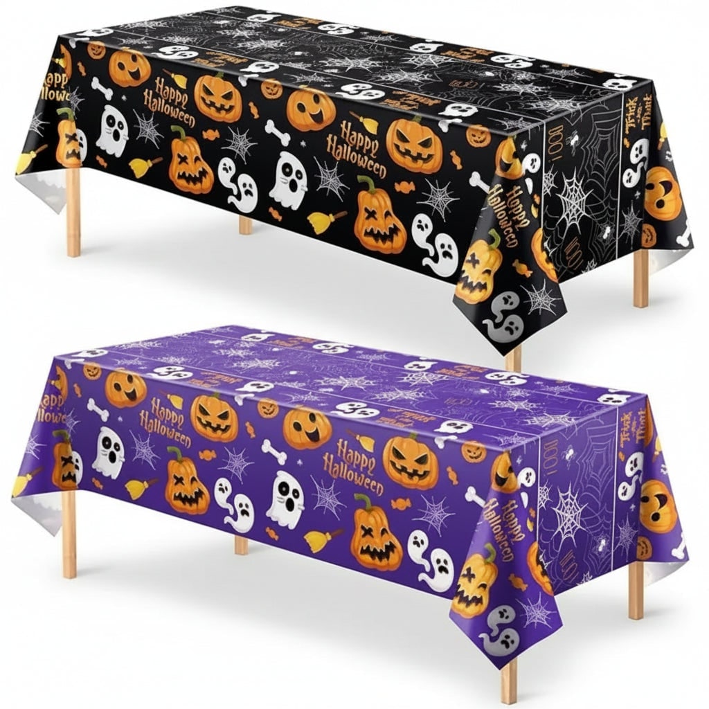 Halloween Tablecloth Disposable Plastic Table Cover with Pumpkin Ghost and Spiderweb Pattern