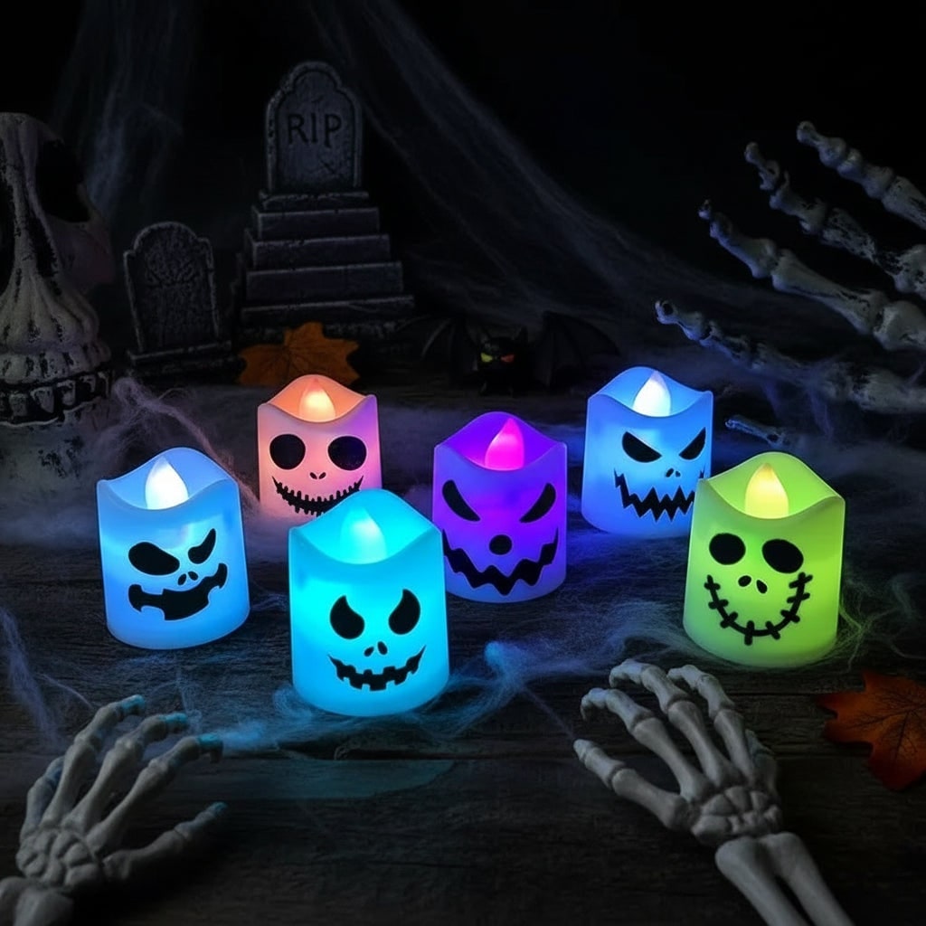 Halloween Tea Lights Battery Operated LED with Spooky Faces Flameless Candles Set of 6