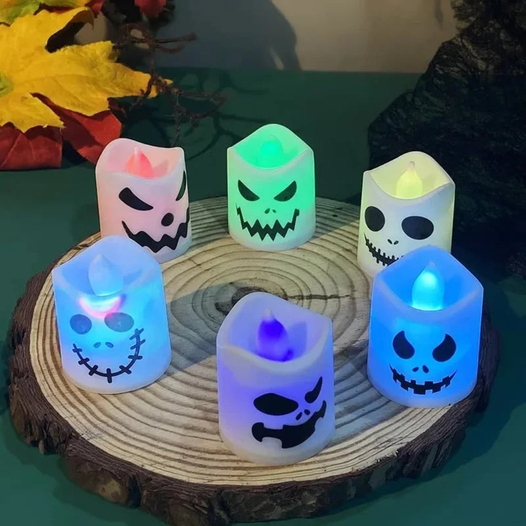 Halloween Tea Lights Battery Operated LED with Spooky Faces Flameless Candles Set of 6
