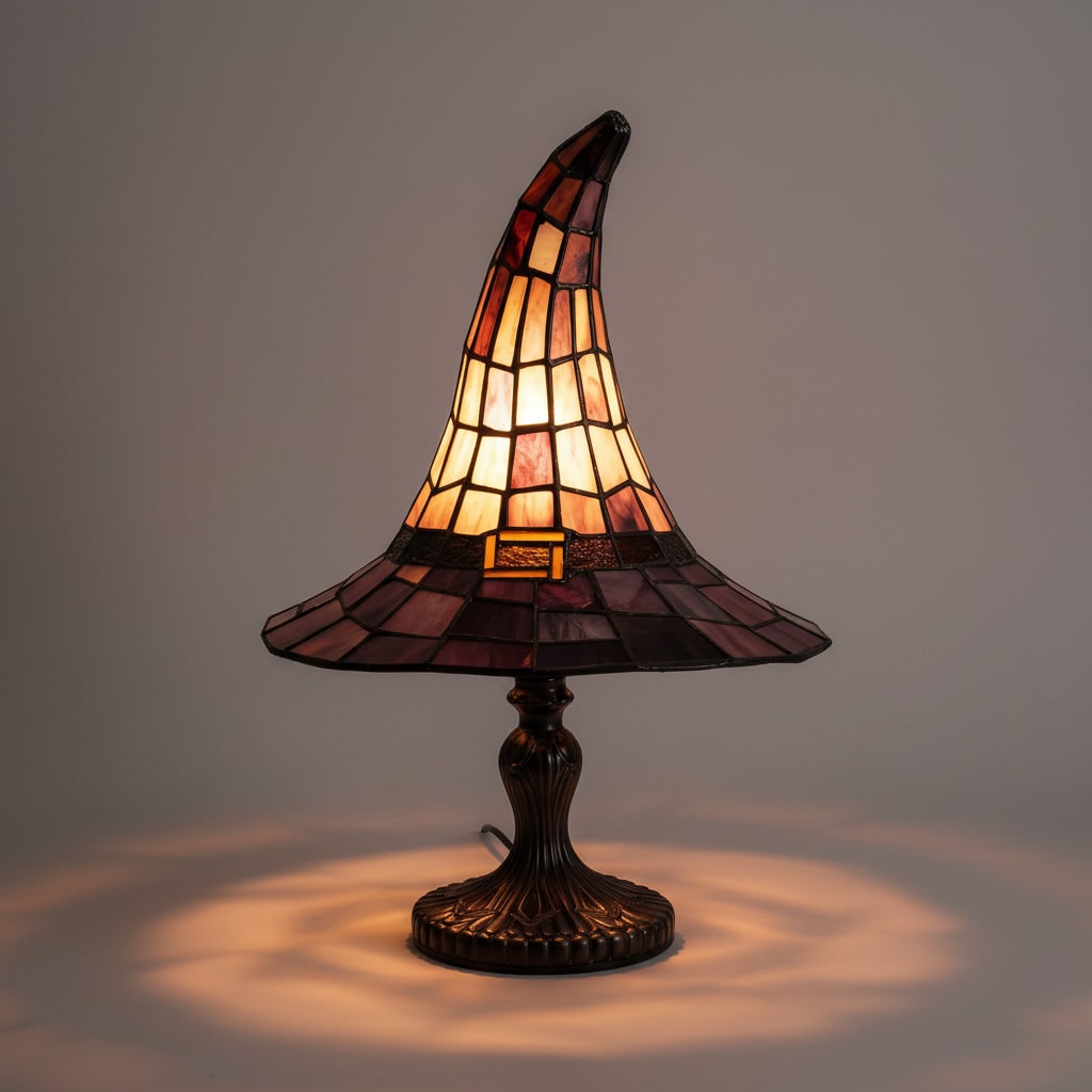 Halloween Tiffany Glass Witch Hat Table Lamp with Stained Shade and Bronze Base