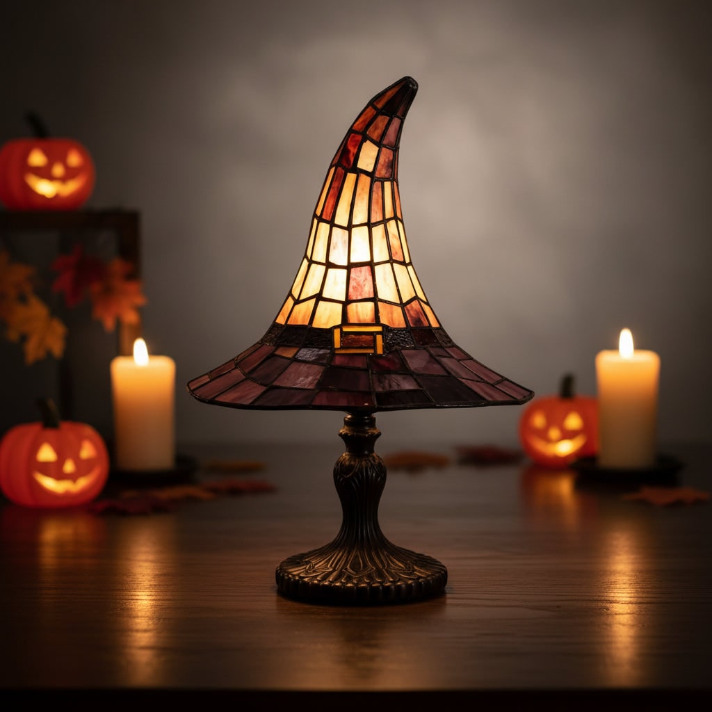 Halloween Tiffany Glass Witch Hat Table Lamp with Stained Shade and Bronze Base