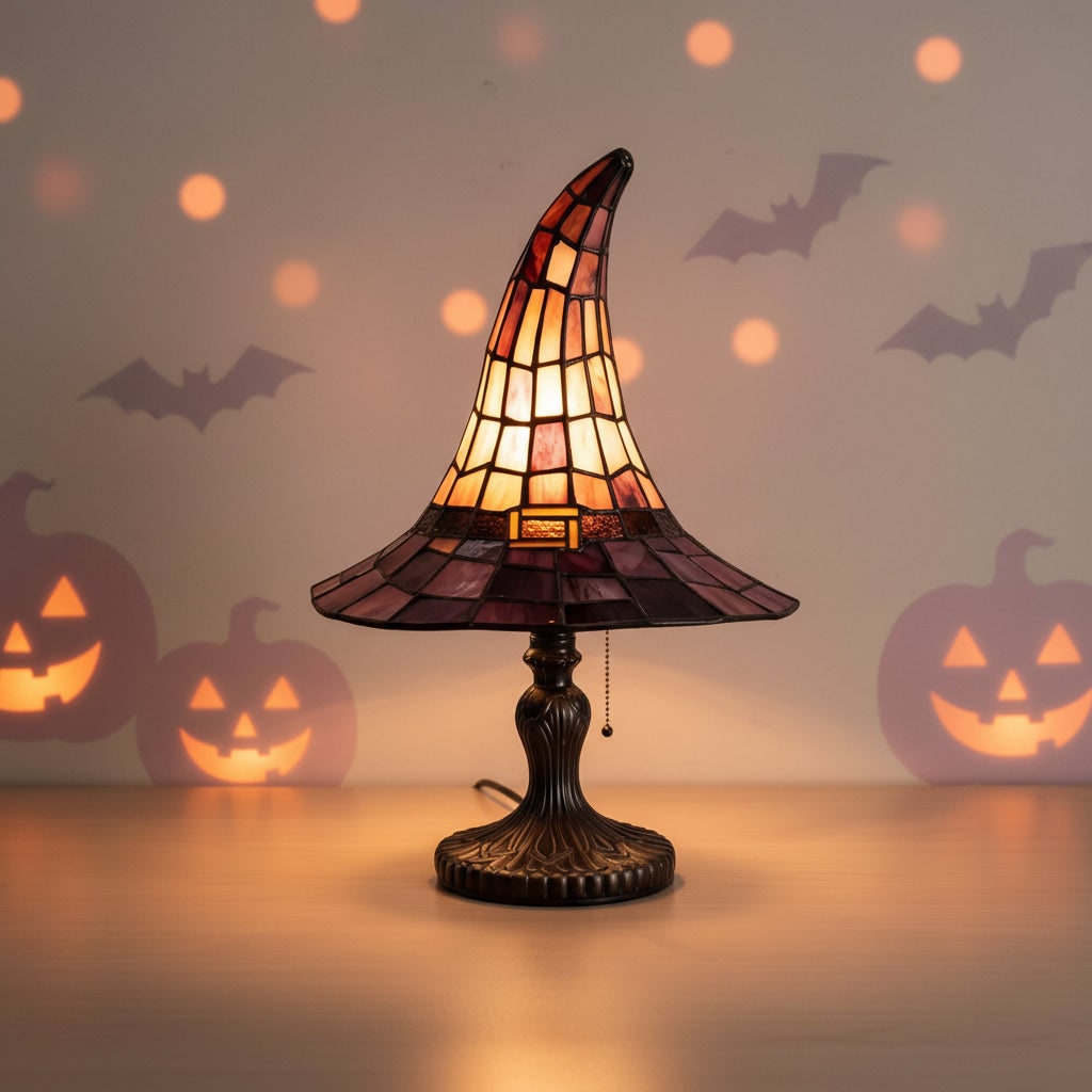 Halloween Tiffany Glass Witch Hat Table Lamp with Stained Shade and Bronze Base
