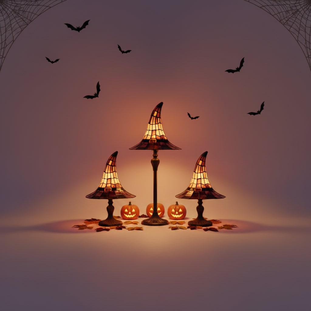 Halloween Tiffany Glass Witch Hat Table Lamp with Stained Shade and Bronze Base