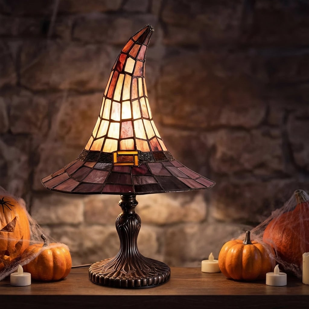 Halloween Tiffany Style Stained Glass Witch Hat Table Lamp with Warm Glow Bedside Set Of 2