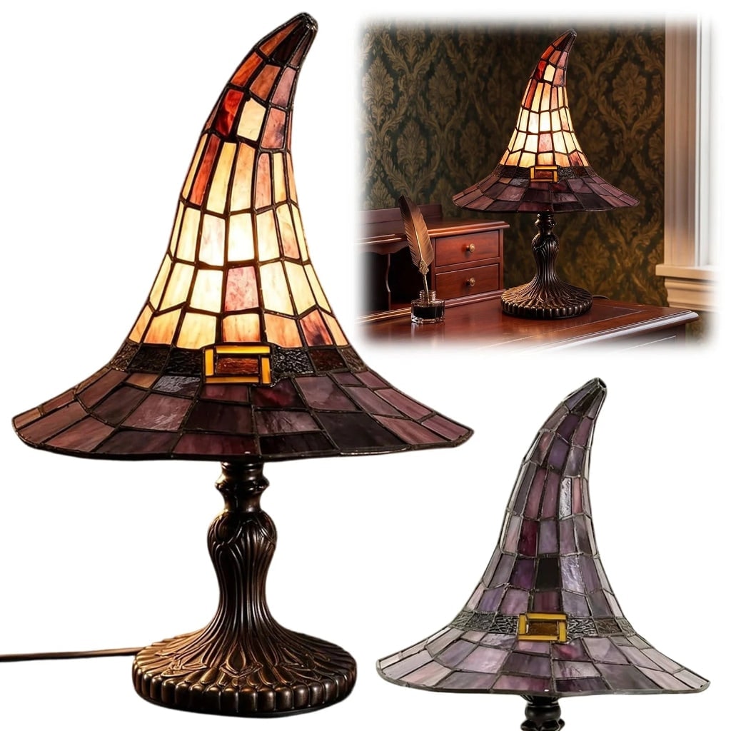 Halloween Tiffany Style Stained Glass Witch Hat Table Lamp with Warm Glow Bedside Set Of 2