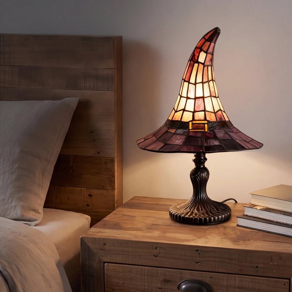 Halloween Tiffany Style Stained Glass Witch Hat Table Lamp with Warm Glow Bedside Set Of 2
