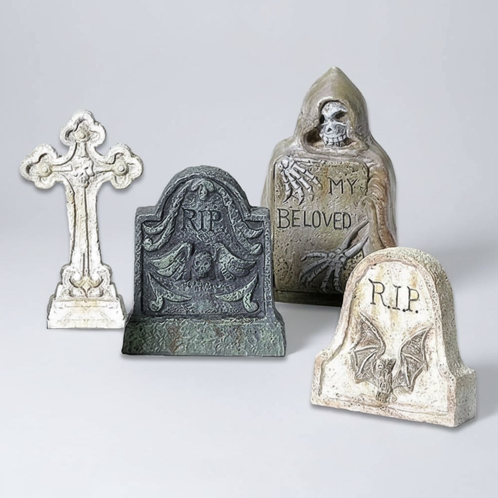 Halloween Tombstones and Graveyard Decorations Resin 4-Piece Set for Party and Tabletop Display