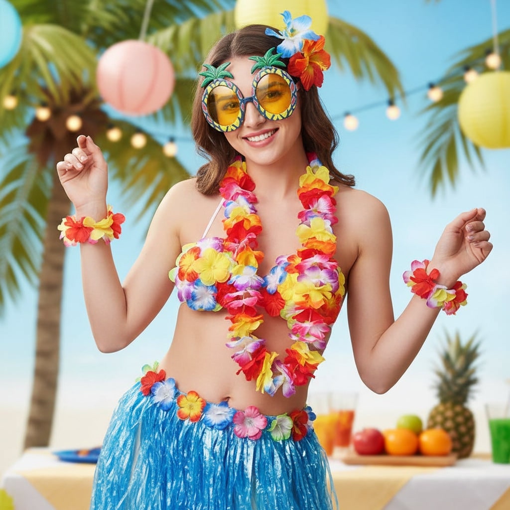 Halloween Two Piece Skirt and Top Matching Set Hawaiian Hula Costume with Grass Flower Lei