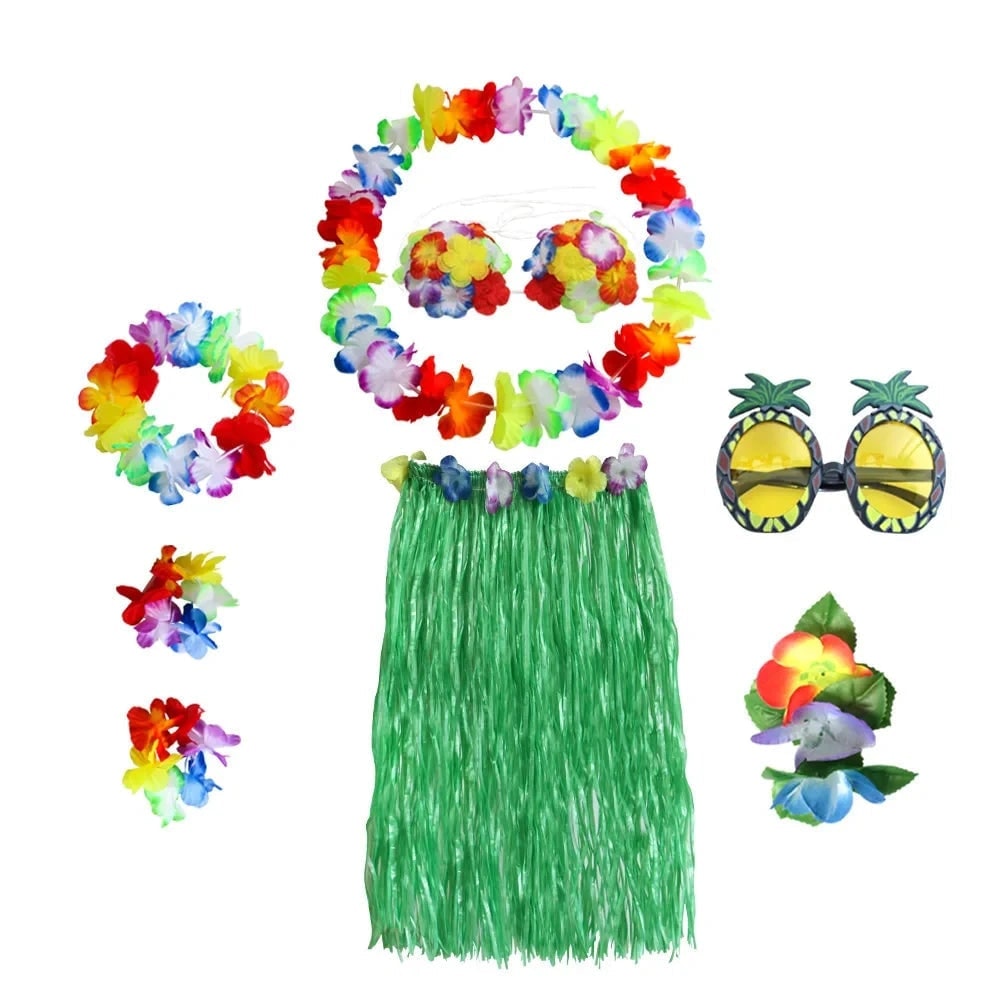 Halloween Two Piece Skirt and Top Matching Set Hawaiian Hula Costume with Grass Flower Lei