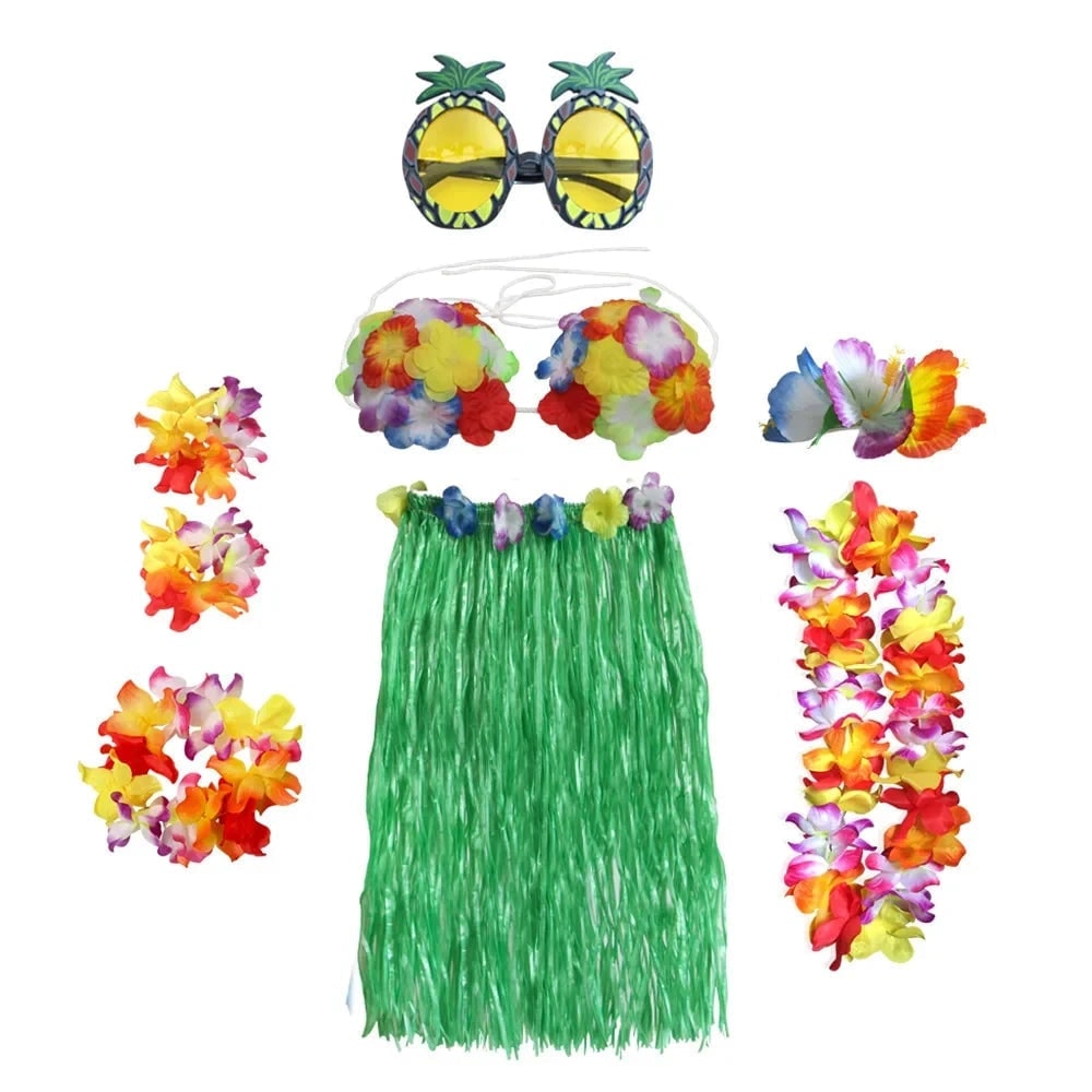 Halloween Two Piece Skirt and Top Matching Set Hawaiian Hula Costume with Grass Flower Lei