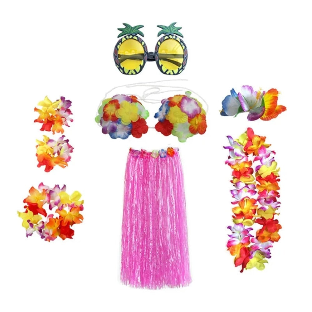 Halloween Two Piece Skirt and Top Matching Set Hawaiian Hula Costume with Grass Flower Lei