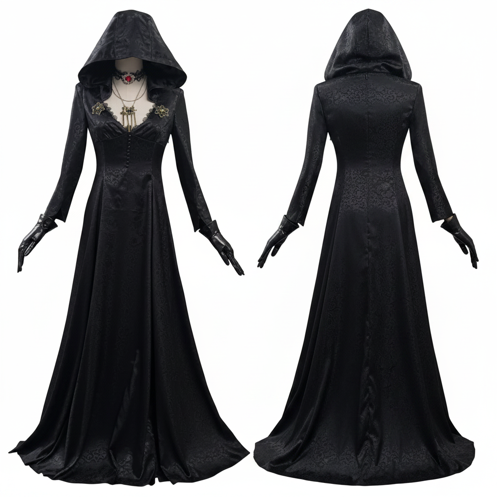 Halloween Vampire Costume Gothic Hooded Black Dress with Lace Choker Pendant and Gloves