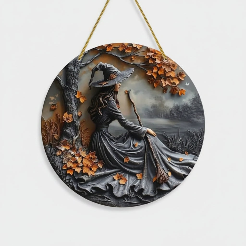 Halloween Wall Art Plaque with 3D Witch Relief and Autumn Leaves for Decor Panel