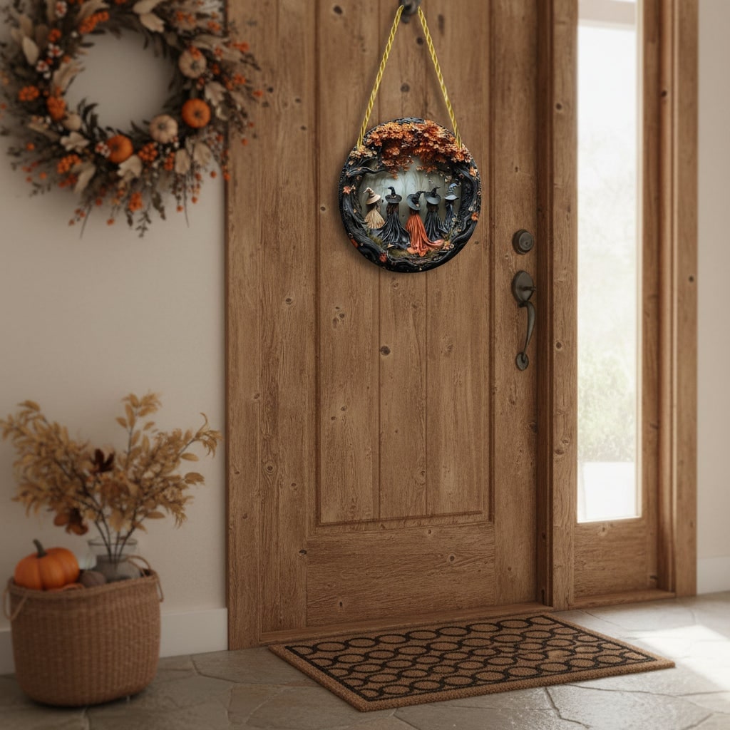 Halloween Wall Decor Panel with 3D Witch Relief Art for Bathroom Kitchen and Bedroom Wood