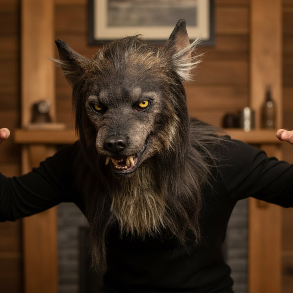 Halloween Werewolf Mask Realistic Wolf Costume with Fangs and Faux Fur Day Of The Dead