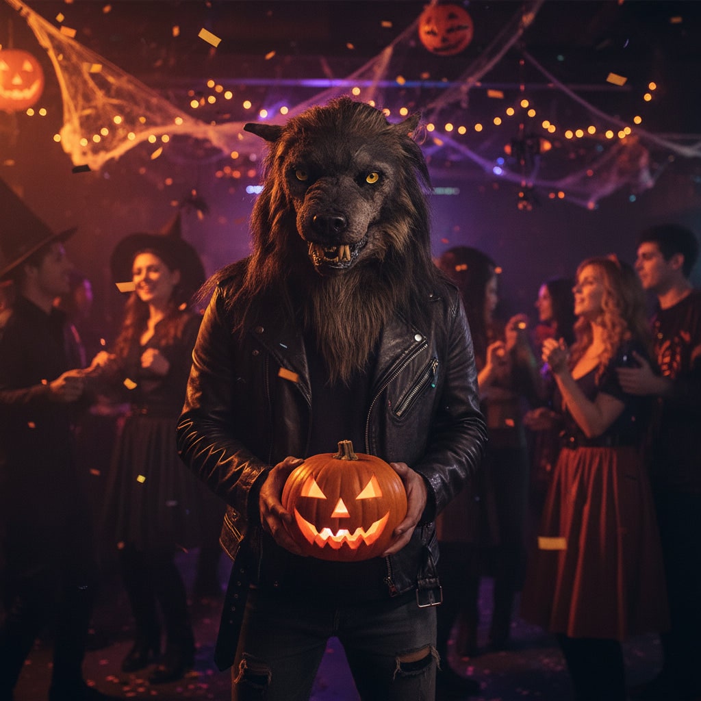 Halloween Werewolf Mask Realistic Wolf Costume with Fangs and Faux Fur Day Of The Dead