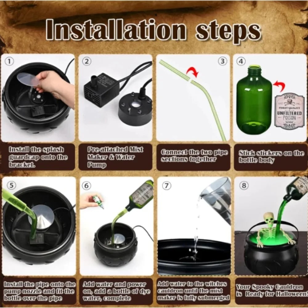 Halloween Witch Cauldron Decoration Fog Machine LED Lights and Floating Bottle Prop