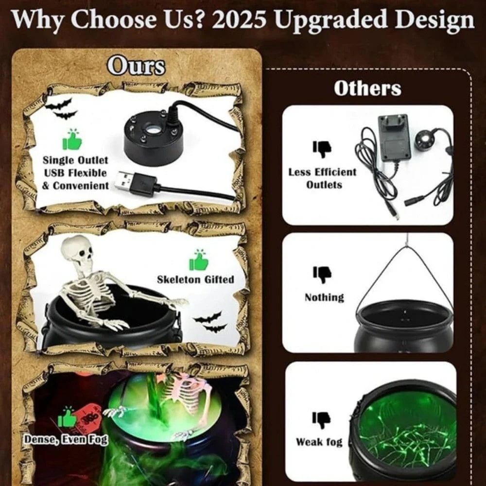 Halloween Witch Cauldron Decoration Fog Machine LED Lights and Floating Bottle Prop