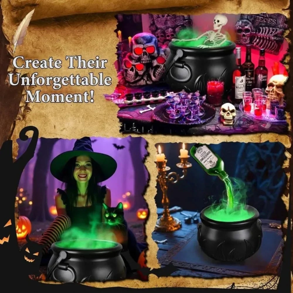 Halloween Witch Cauldron Decoration Fog Machine LED Lights and Floating Bottle Prop