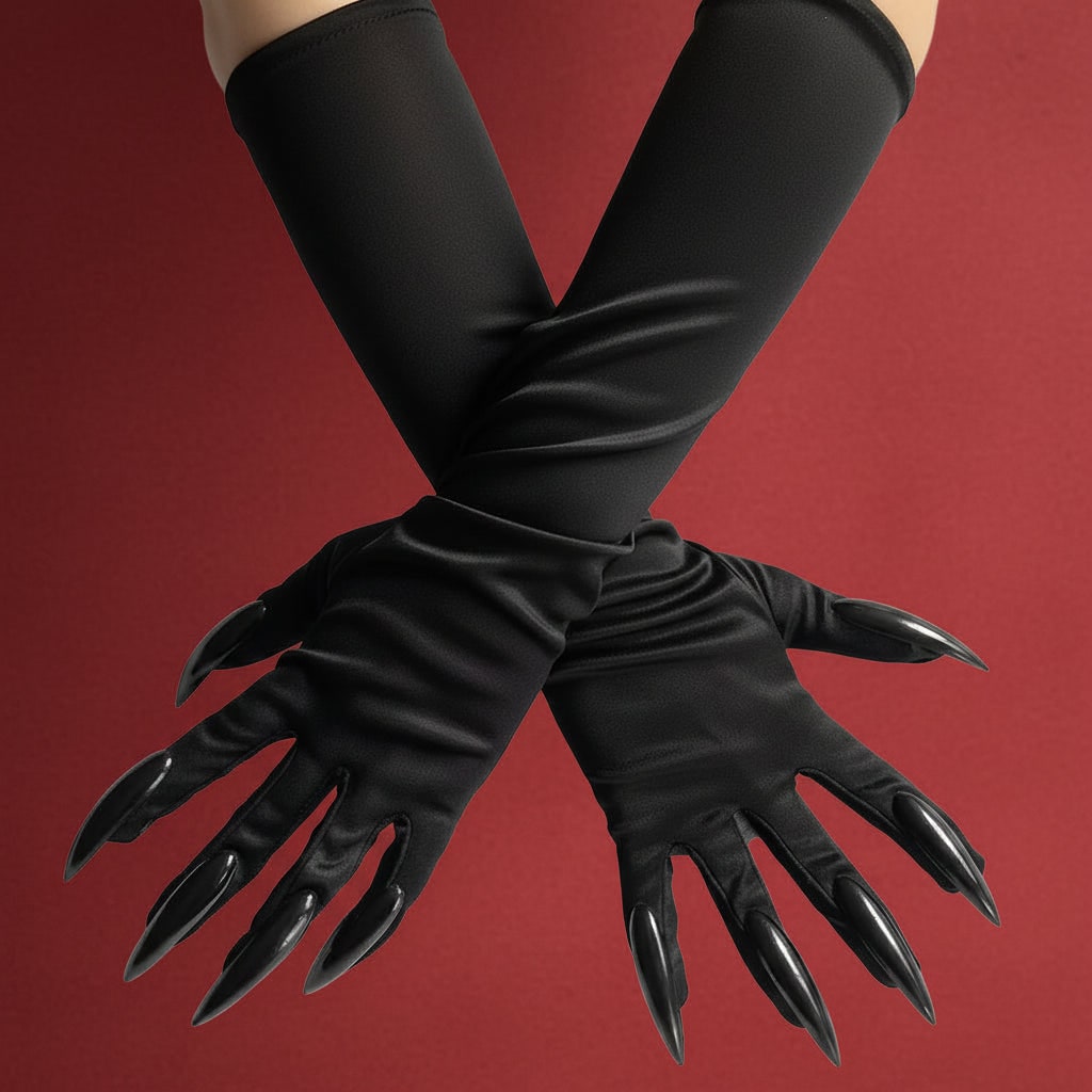 Halloween Witch Costume Claw Gloves Long Black Satin with Attached Talons Elbow Length