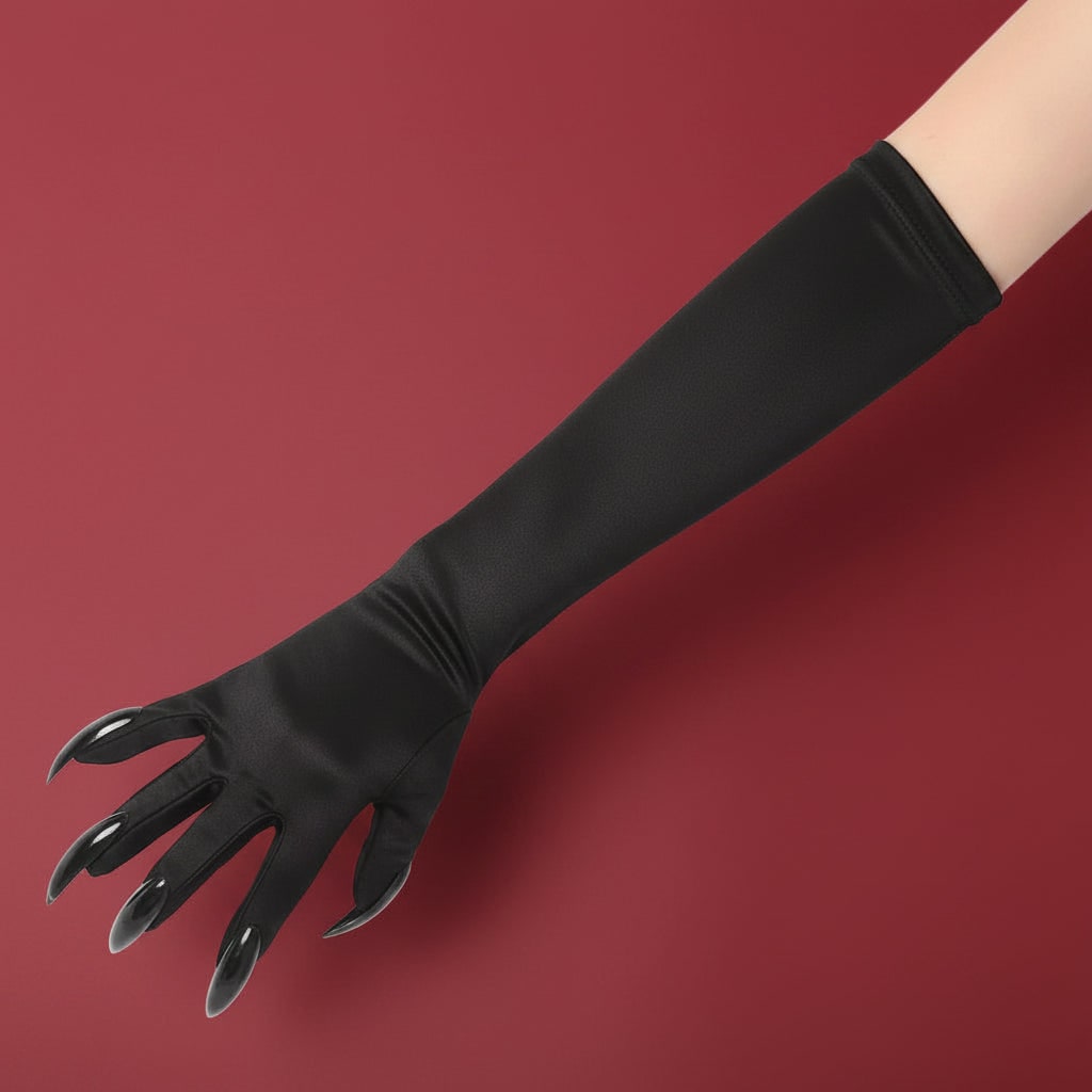 Halloween Witch Costume Claw Gloves Long Black Satin with Attached Talons Elbow Length