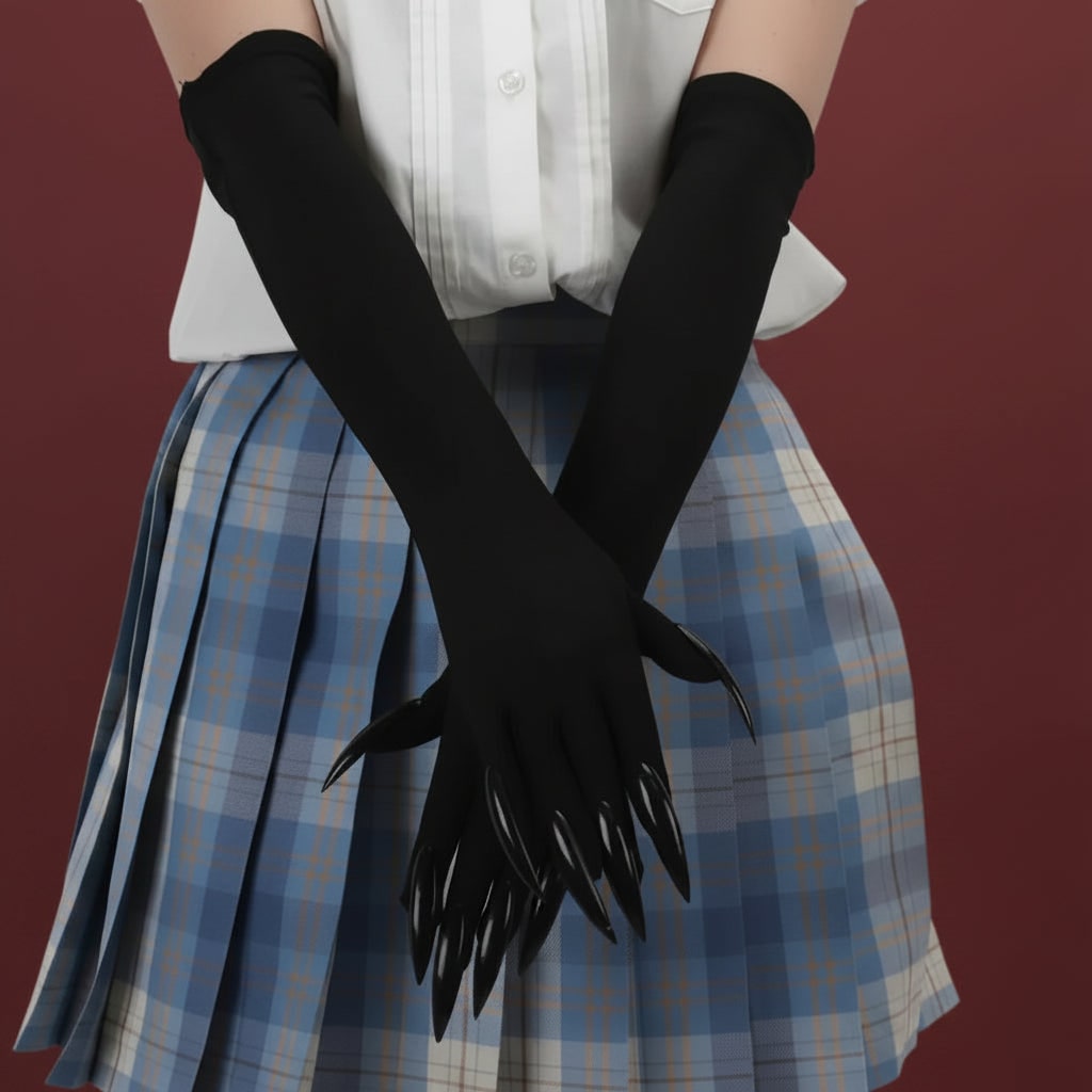 Halloween Witch Costume Claw Gloves Long Black Satin with Attached Talons Elbow Length