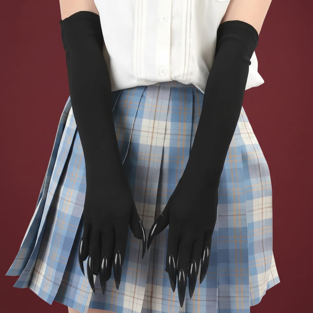 Halloween Witch Costume Claw Gloves Long Black Satin with Attached Talons Elbow Length