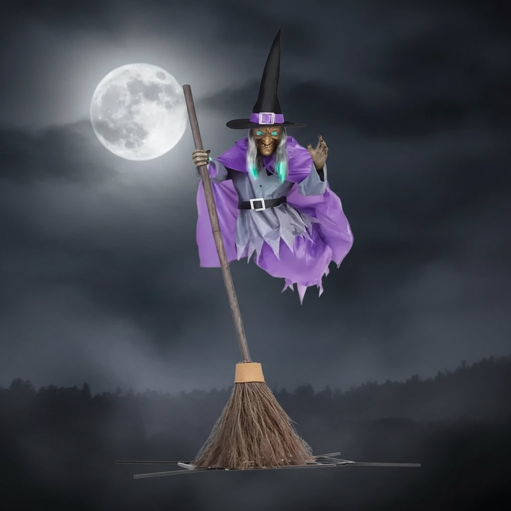 Halloween Witch Decor Large Outdoor Prop with Glowing Eyes and Broomstick for Scary Yard Decoration