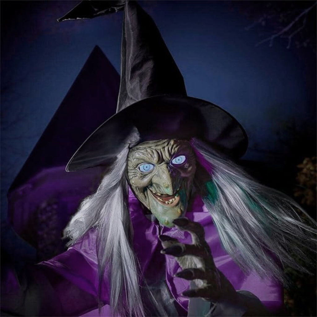 Halloween Witch Decor Large Outdoor Prop with Glowing Eyes and Broomstick for Scary Yard Decoration