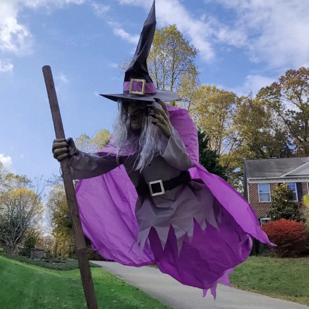 Halloween Witch Decor Large Outdoor Prop with Glowing Eyes and Broomstick for Scary Yard Decoration