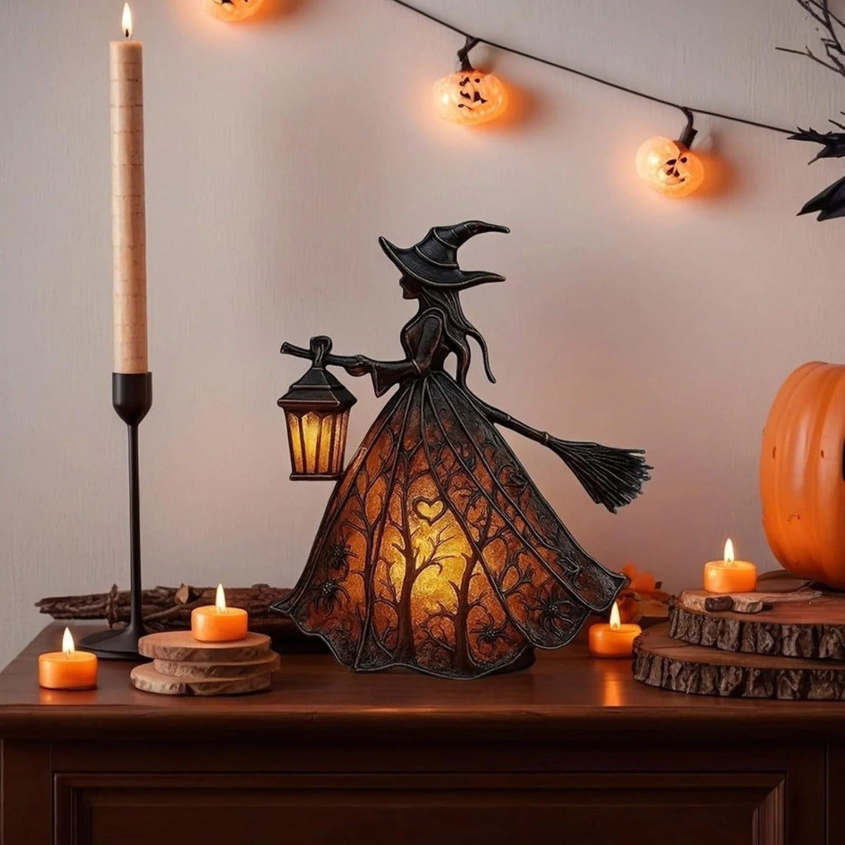 Halloween Witch Decoration Figurine with LED Lantern Light for Party