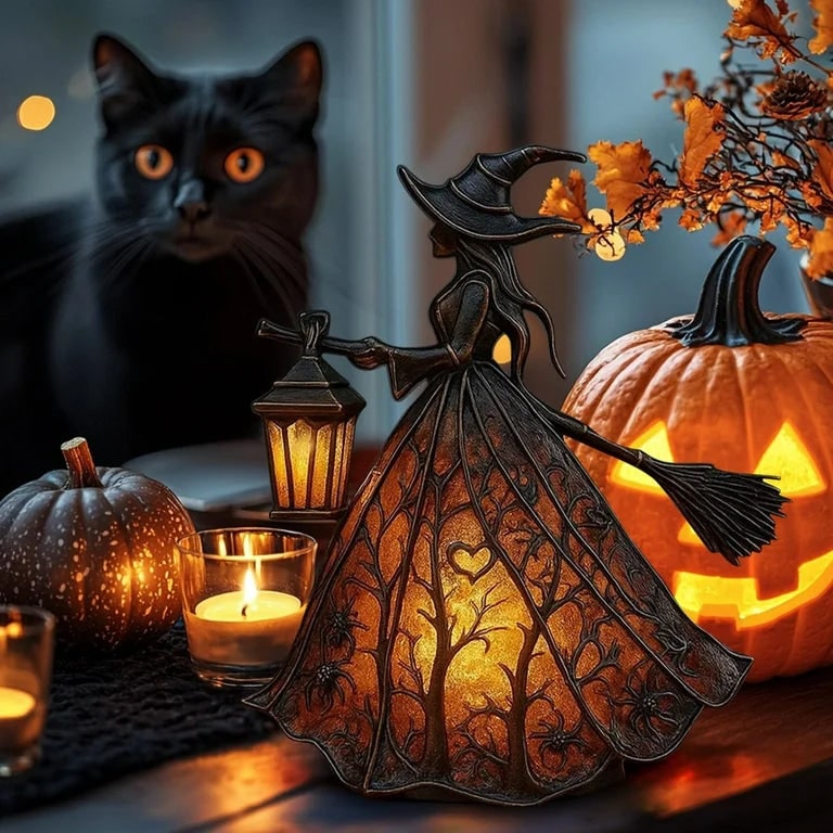 Halloween Witch Decoration Figurine with LED Lantern Light for Party