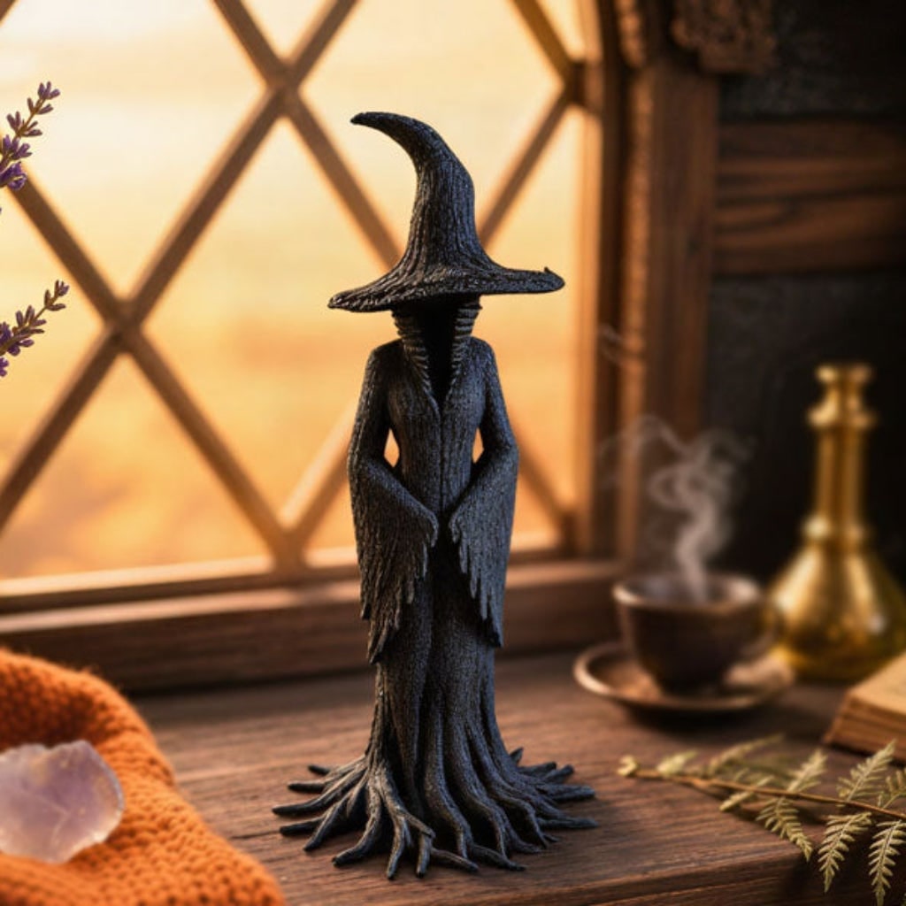Halloween Witch Decoration Figurine with Pointed Hat and Tree Root Base Outdoor Decor