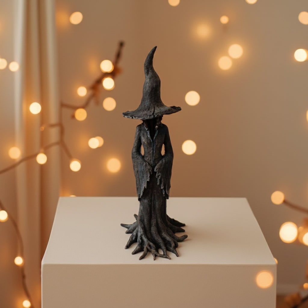 Halloween Witch Decoration Figurine with Pointed Hat and Tree Root Base Outdoor Decor