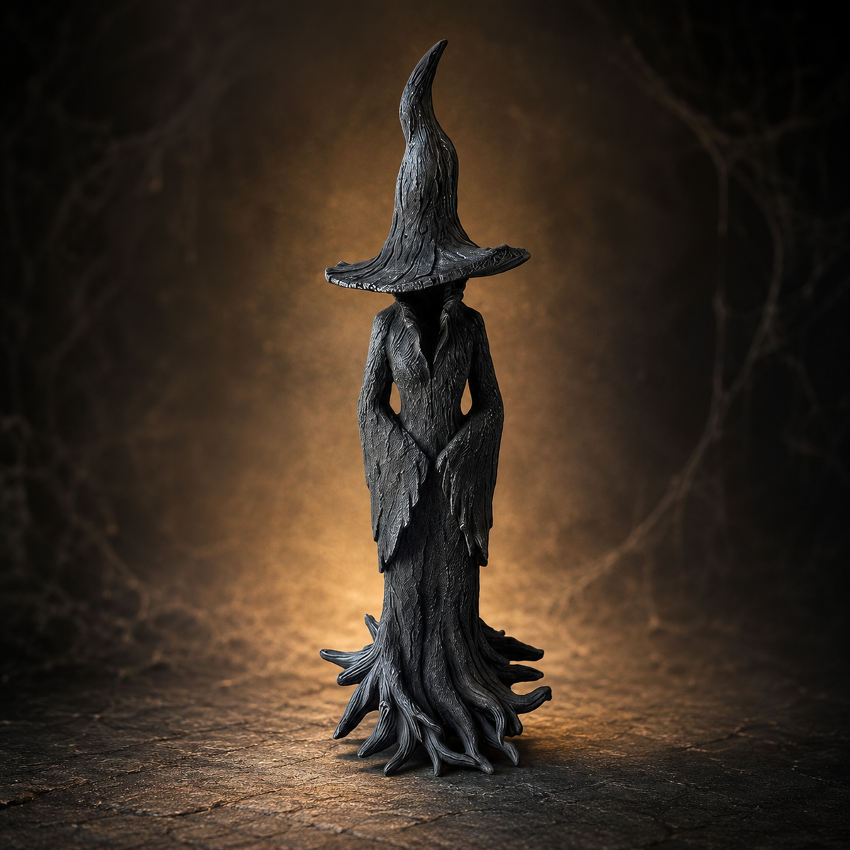 Halloween Witch Decoration Figurine with Textured Bark Finish and Root Base for Tabletop Decor