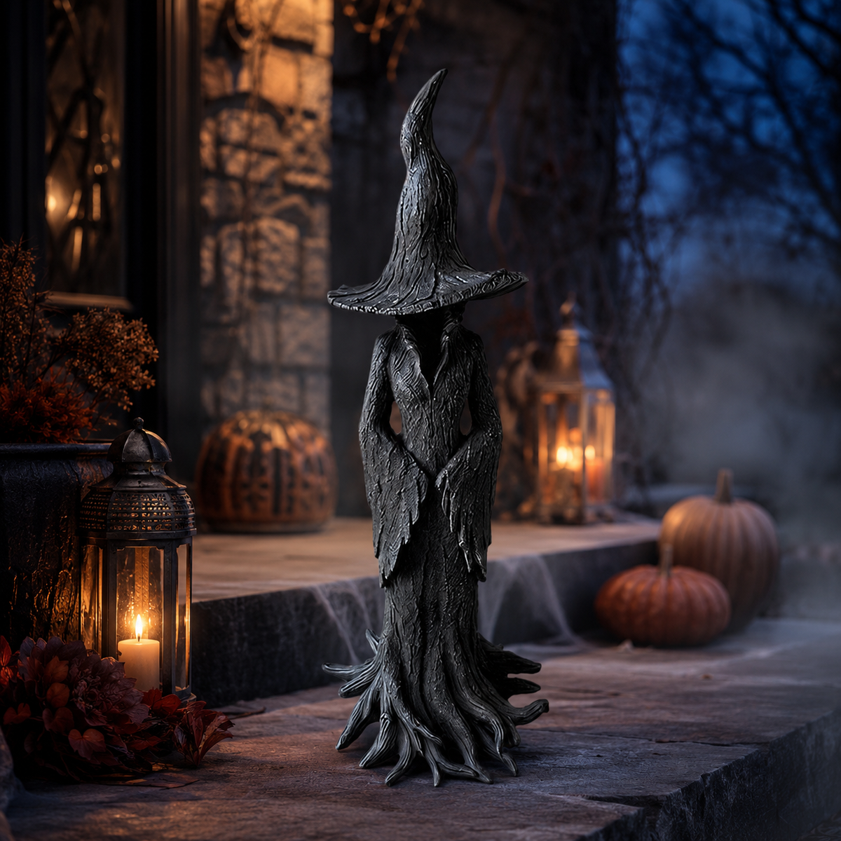 Halloween Witch Decoration Figurine with Textured Bark Finish and Root Base for Tabletop Decor