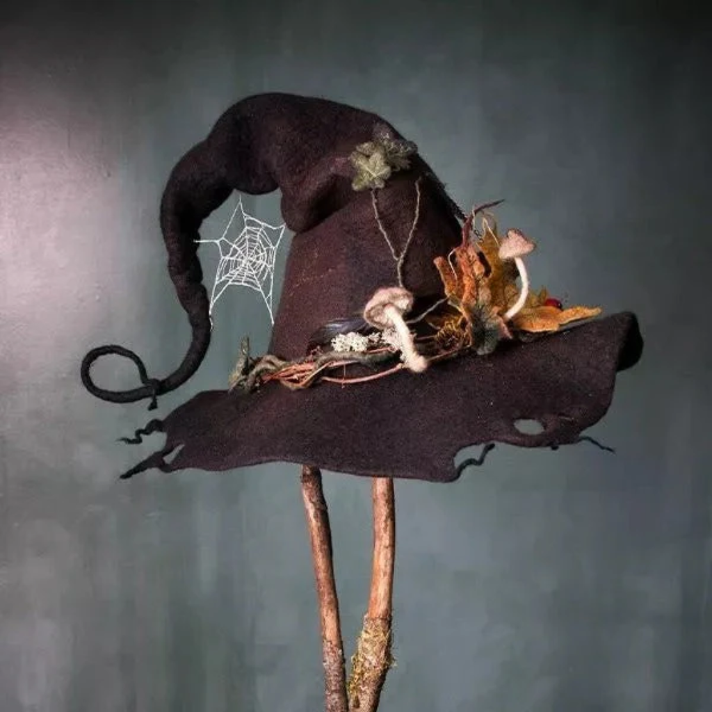 Halloween Witch Hat Felted Wool with Spiderweb Embroidery and Floral Design for Costume Party
