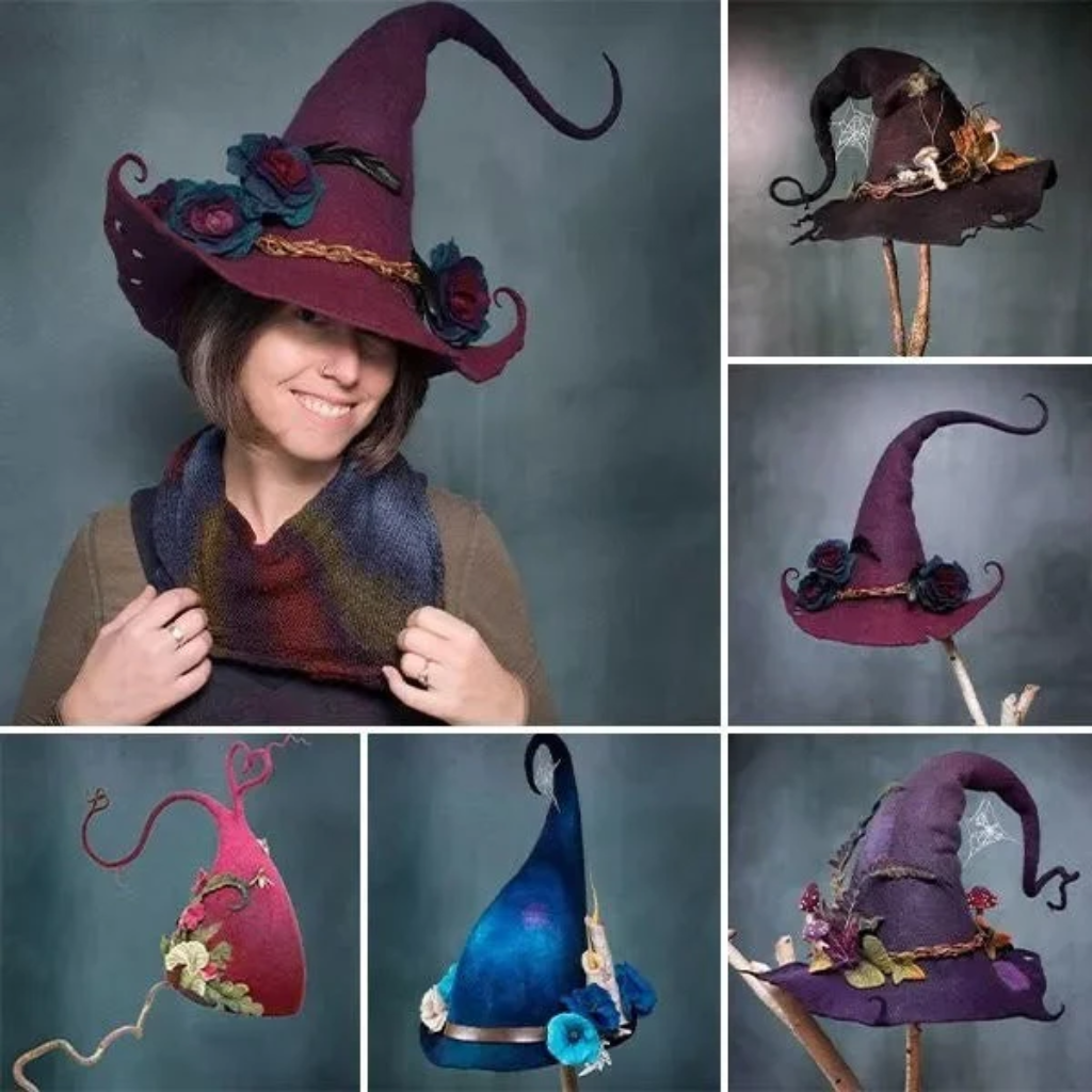 Halloween Witch Hat Felted Wool with Spiderweb Embroidery and Floral Design for Costume Party