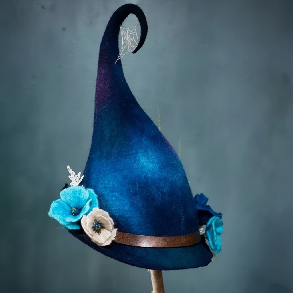 Halloween Witch Hat Felted Wool with Spiderweb Embroidery and Floral Design for Costume Party