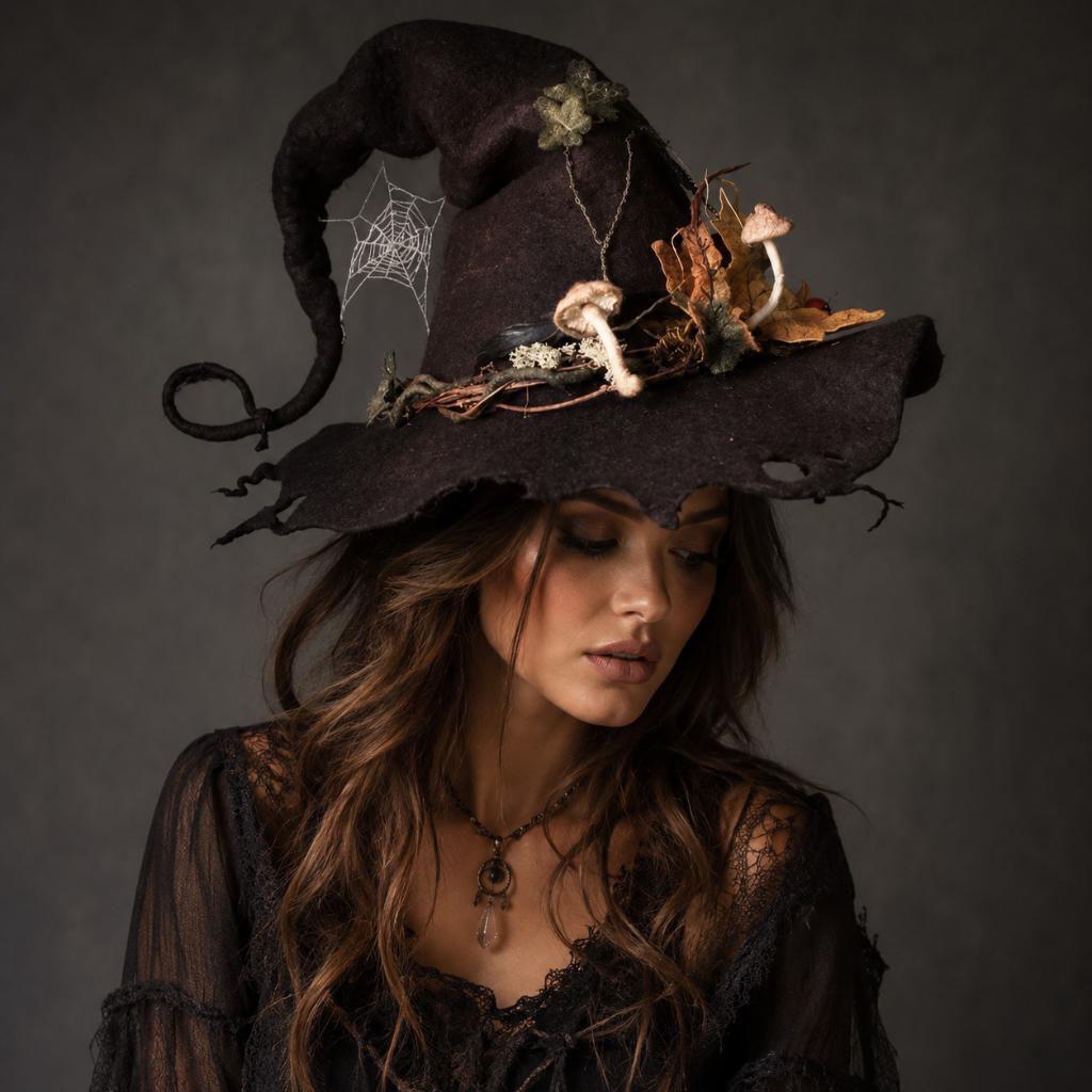 Halloween Witch Hat with Decorated Forest Elements and Whimsical Curled Tip Witches
