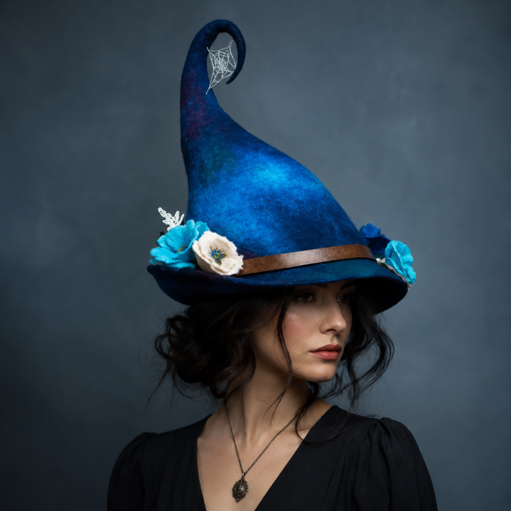 Halloween Witch Hat with Decorated Forest Elements and Whimsical Curled Tip Witches