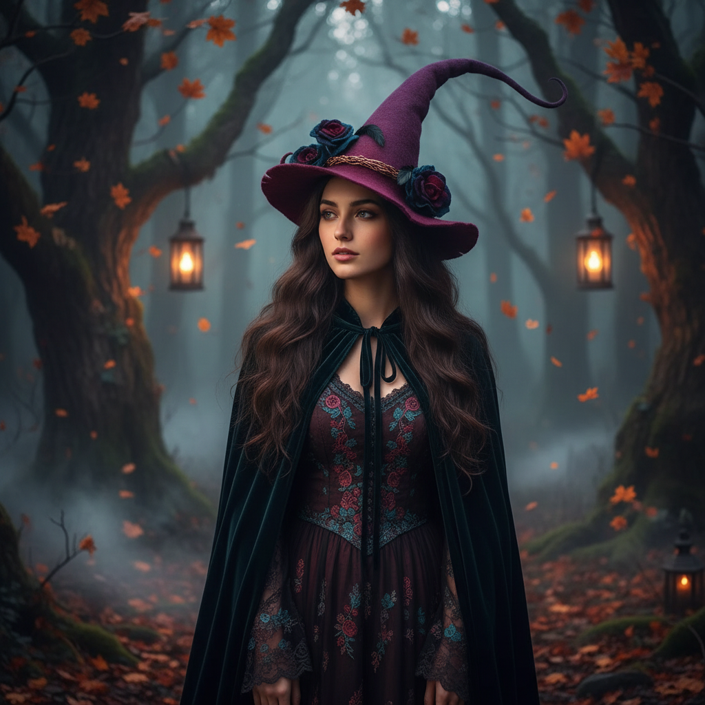 Halloween Witch Hat with Decorated Forest Elements and Whimsical Curled Tip Witches