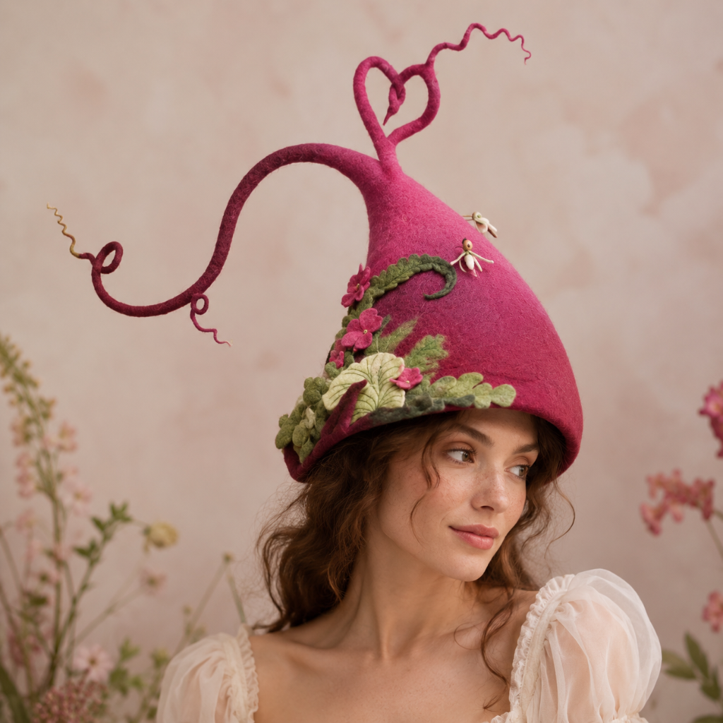 Halloween Witch Hat with Decorated Forest Elements and Whimsical Curled Tip Witches