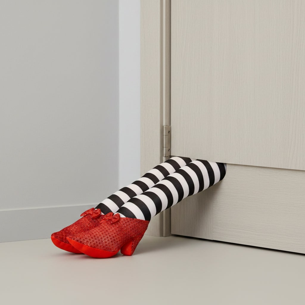 Halloween Witch Legs Door Stopper Decoration with Striped Stockings and Red Shoes