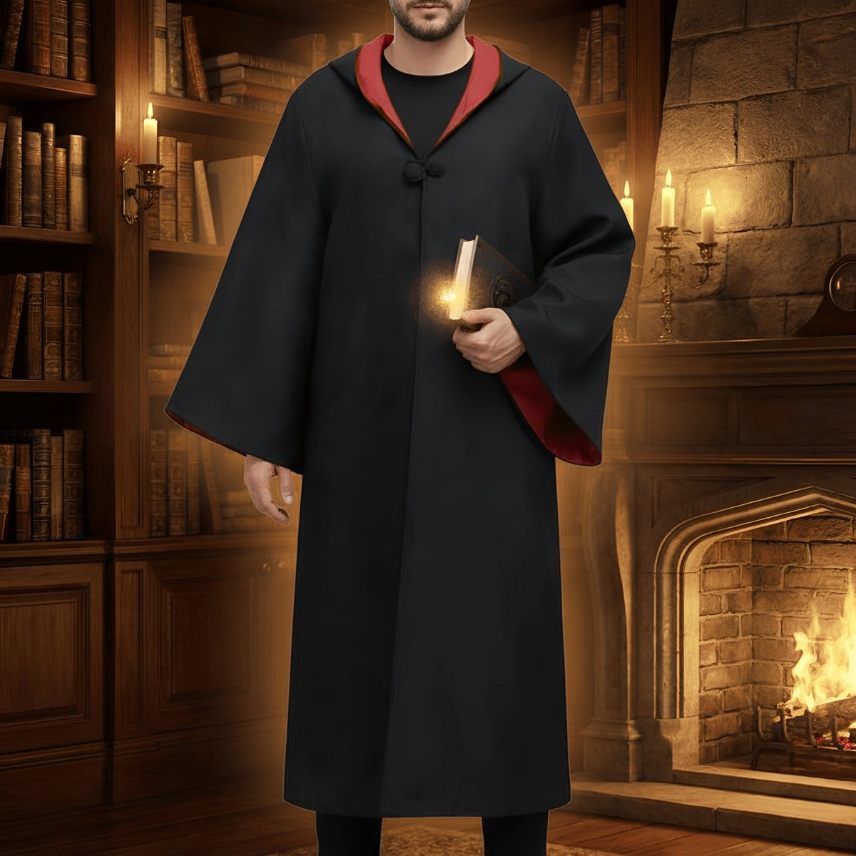 Halloween Wizard Costume Robe Set with Striped Scarf Tie and Glasses for Party and Cosplay